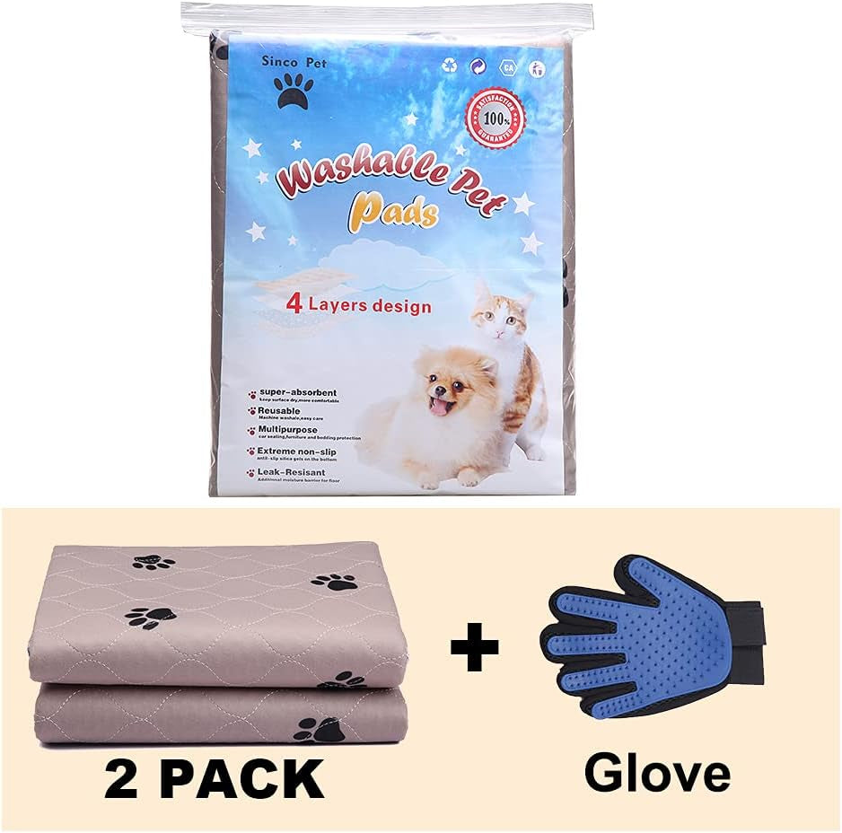 Washable Dog Pee Pads with Puppy Grooming Gloves,Puppy Pads,Reusable Pet Training Pads,Large ,Waterproof Pet Pads for Dog Bed Mat,Super Absorbing Whelping Pads,41X41 Inch (Pack of 2)