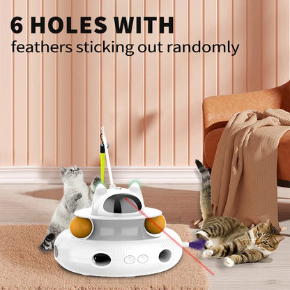 4 in 1 Indoor Interactive Cat Toy Smart Cat Feather Wand USB Rechargeable Cat Teaser White