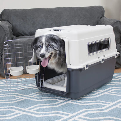 Plastic Kennels Rolling Plastic Wire Door Travel Dog Crate- Large Kennel, Gray