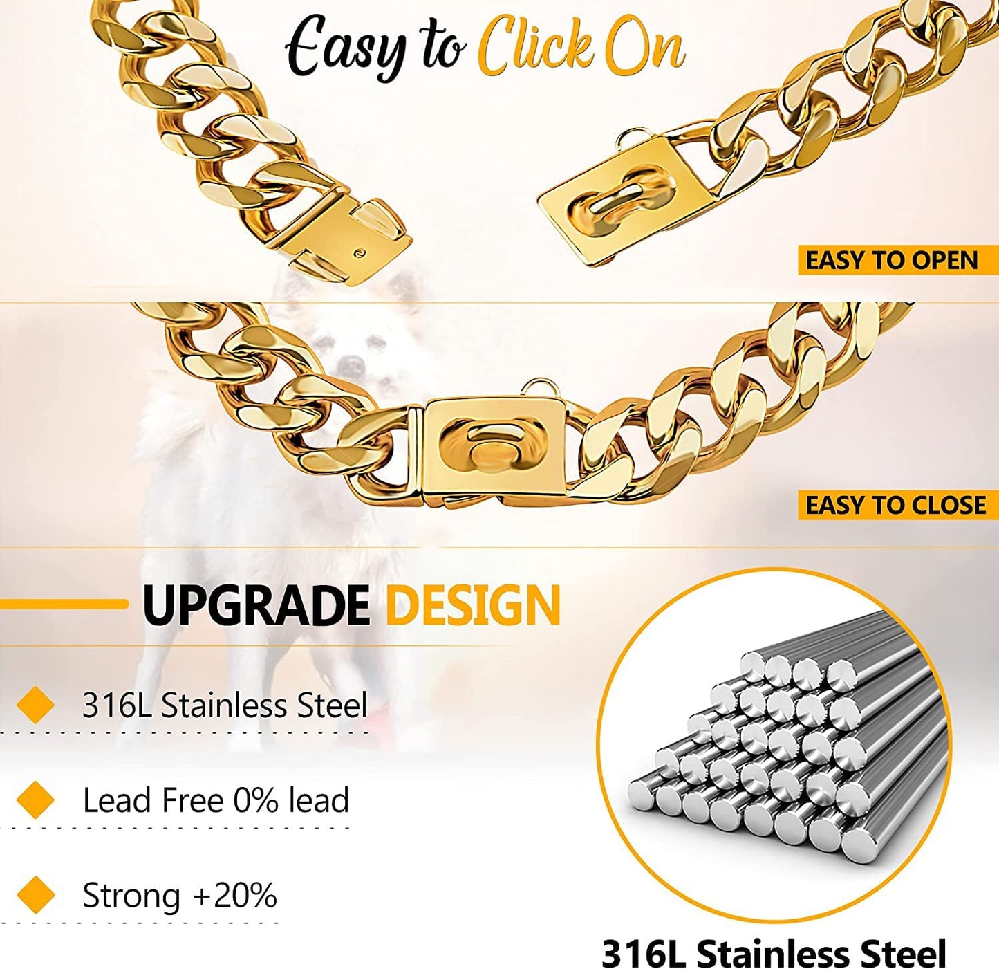 Gold Dog Chain Collar 19Mm Stainless Steel Cuban Link Chain Strong Heavy Duty Chew Proof Dog Necklace with Buckle for Luxury Training Dog Chain Collars for Medium Large Dog Gold Chain (16 Inch)