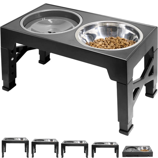 Elevated Dog Bowls,  5 Adjustable Heights Raised Dog Bowl Stand with 1 Stainless Steel Food & Dog Water Bowl, Dog Bowls for Large Dogs& Cats (Black)