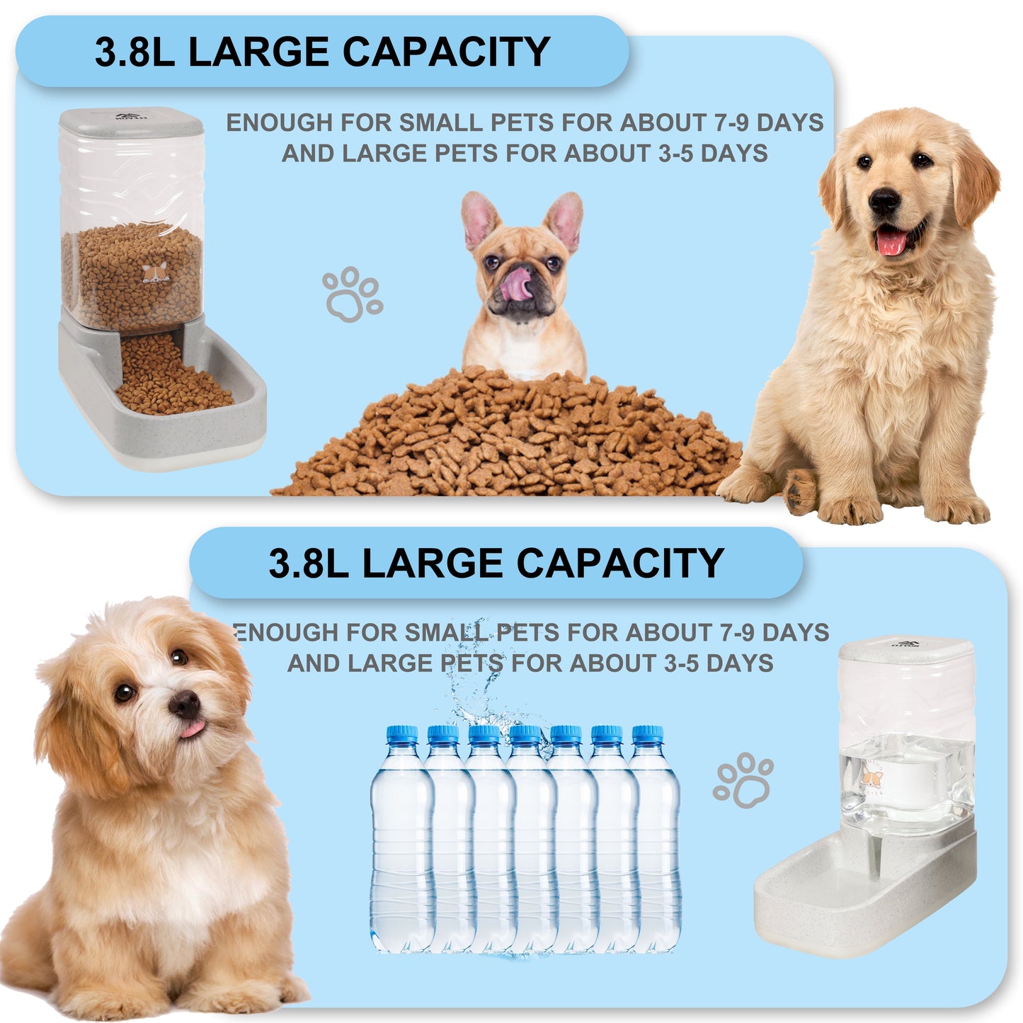 Automatic Pet Feeder and Water Dispenser Set, Dog Cat Gravity Food and Water Dispenser Set with Pet Food Bowl, Automatic Cat Feeder for Small Large Pets Puppy Kitten Large Capacity(3.8L)