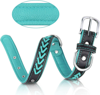 Leather Dog Collar for Puppy, Stylish Braided Padded Dog Collars with Double D-Rings for Girl and Boy Dog, Teal Blue XS