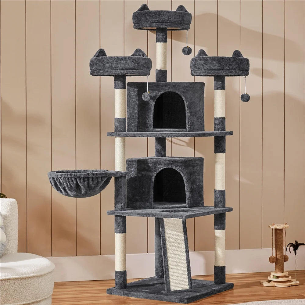 Large Cat Tree Plush Tower with Caves Condos Platforms Scratching Board, Dark Gray