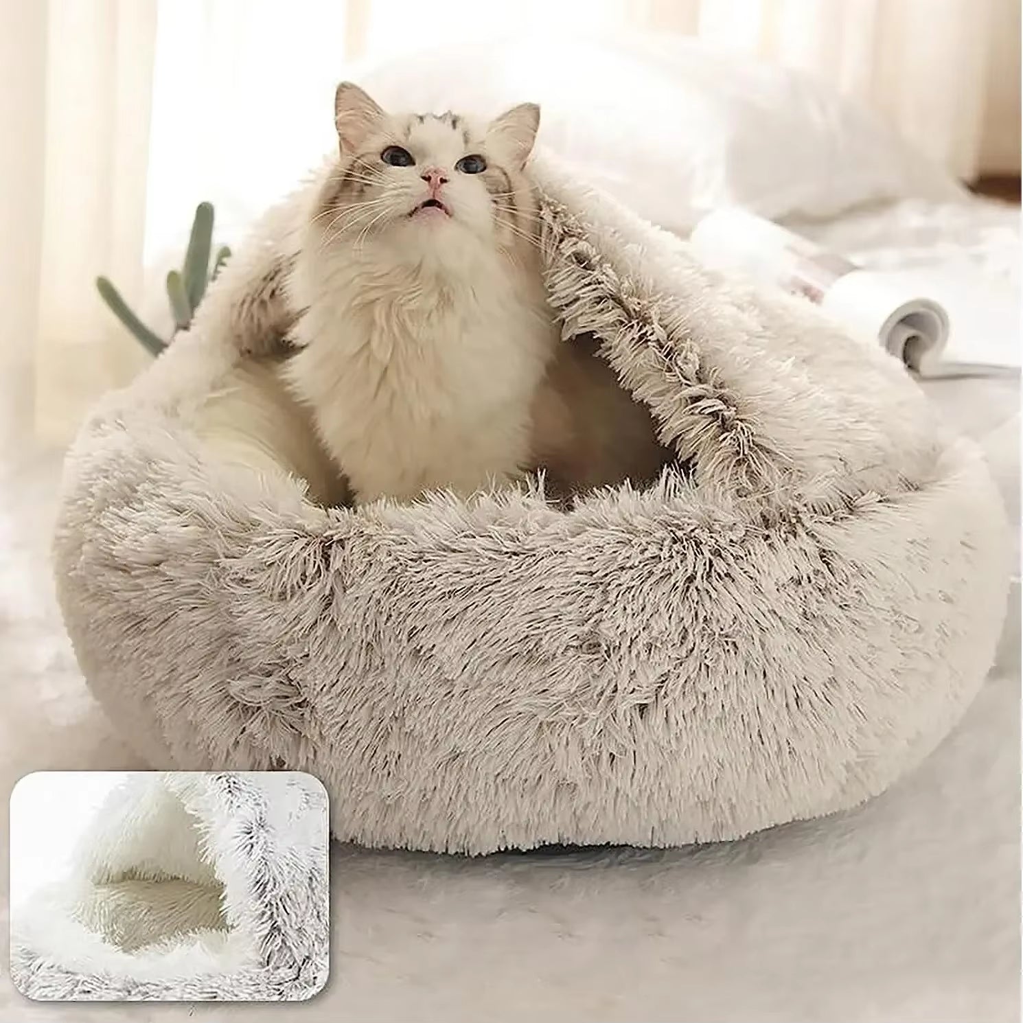 Soft Plush round Cat Bed Pet Mattress Warm Comfortable Basket Cat Dog 2 in 1 Sleeping Bag Nest for Small Dogs