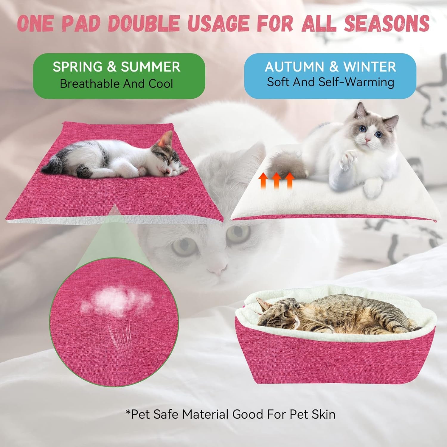 Self-Warming Cat Bed - Convertible Cat Mat, Light Weight Pet Bed for Cats, Puppy Cat Bed Mat, Machine Washable Puppy Bed for Indoor Cats Houses, Floor, Car Back Seat, Pink