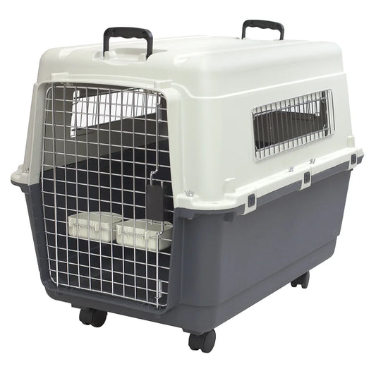 Plastic Kennels Rolling Plastic Wire Door Travel Dog Crate- Large Kennel, Gray