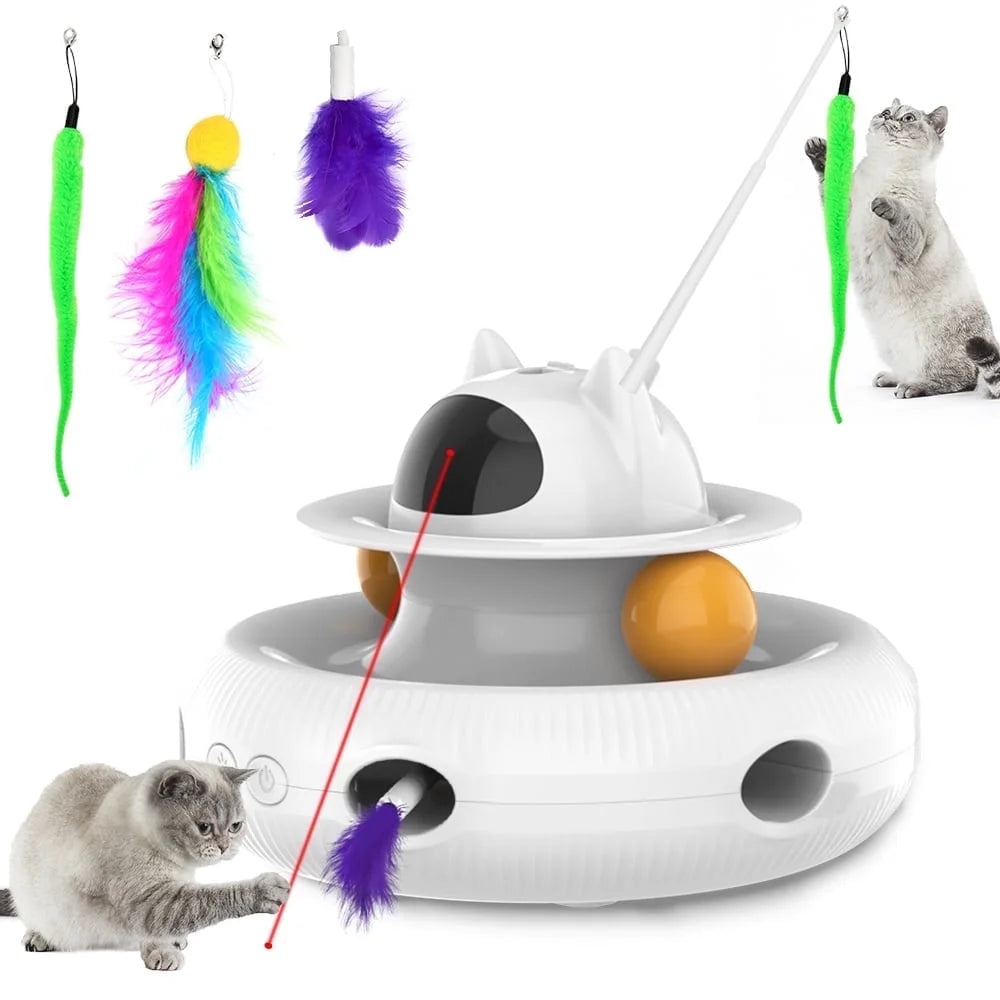 4 in 1 Indoor Interactive Cat Toy Smart Cat Feather Wand USB Rechargeable Cat Teaser White