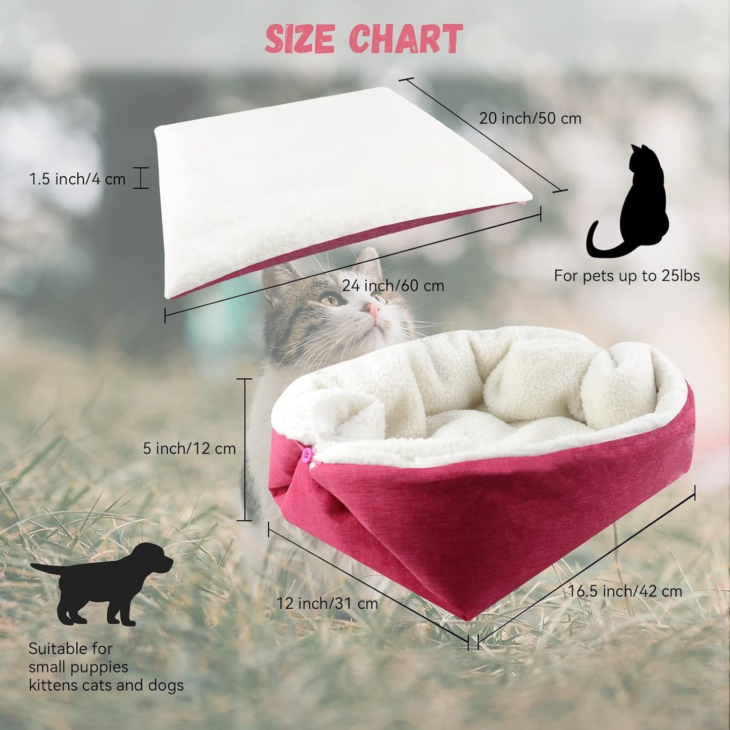 Self-Warming Cat Bed - Convertible Cat Mat, Light Weight Pet Bed for Cats, Puppy Cat Bed Mat, Machine Washable Puppy Bed for Indoor Cats Houses, Floor, Car Back Seat, Pink