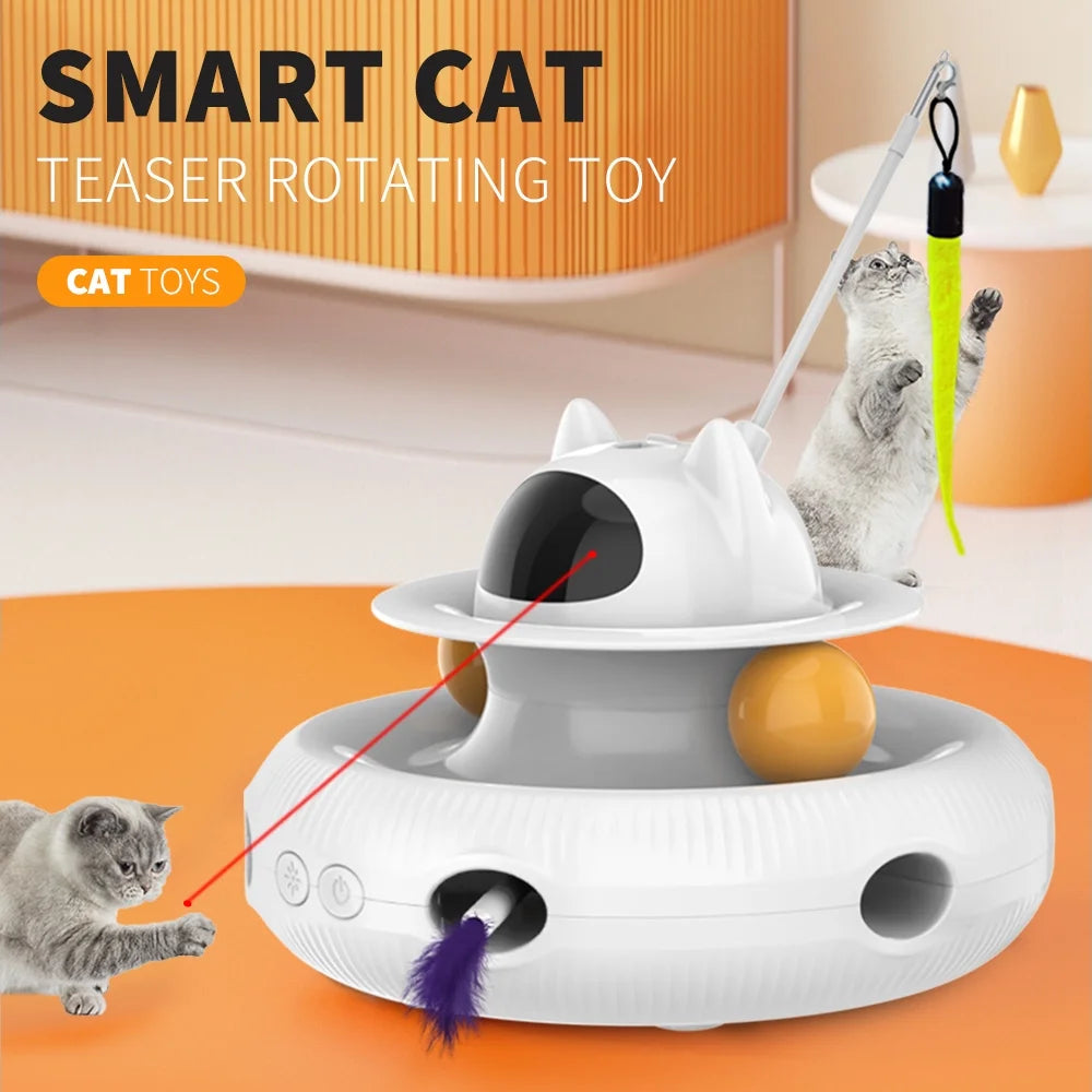 4 in 1 Indoor Interactive Cat Toy Smart Cat Feather Wand USB Rechargeable Cat Teaser White