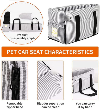 Pet Car Seats for Small Medium Dogs Booster Bed Puppy Carseat Cat Carrier Travel with Storage Pocket Pillow Leash Belt, Clip-On Safety Leash Removable Washable Cover (Stripe)